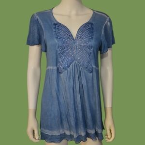 ONE WORLD Blue Embellished Butterfly Fairy Tunic Top